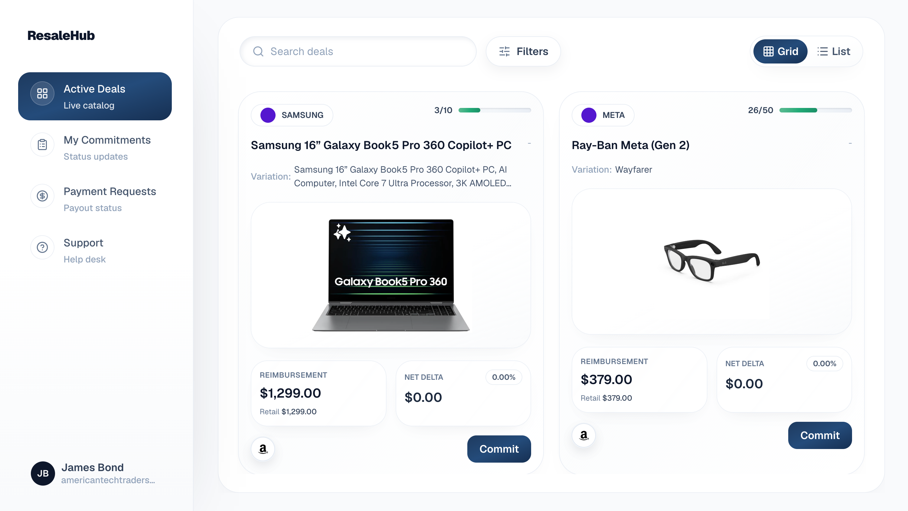 ResaleHub dashboard showing active deals with product cards, sidebar navigation, and search filters